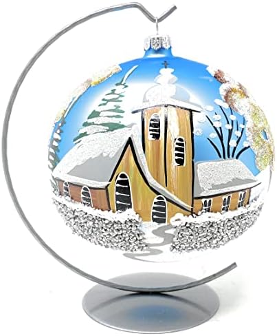 Божиќен украс за полски галерија, црква во село и куќи за дневник, пејзаж, разнесена стаклена топка 6-инчен