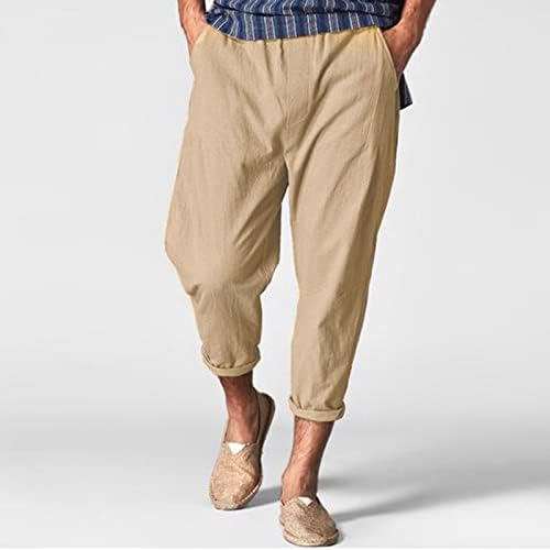 Менс памучни постелнини панталони, 2023 летни мажи Едноставна цврста боја Смачкана истегната плажа затегната Каприс Пант со џебови