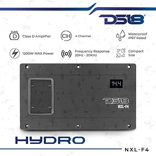 DS18 Хидро NXL-F4 Морски Засилувач Флеш Монтирање - 4 Канали, 1200watts Макс, IPX67 Водоотпорен, Компактен Дигитален Целосен Опсег Засилувач