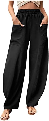 Обични панталони за жени, обични панталони со цврсти нозе со еластична половината и џебовите, деловни панталони
