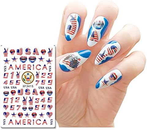 4-ти јули налепници за уметност за нокти, Денот на американскиот ден на независност Патриотски дизајнер на нокти Декларации 3Д самолепливи акрилни