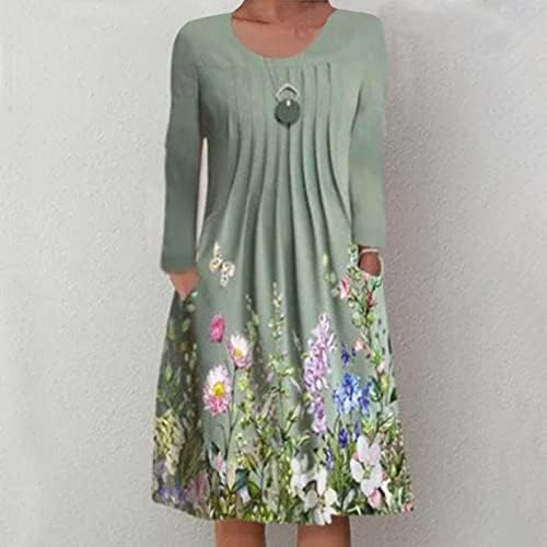 Јуниори цветни графички фустани екипаж на вратот спандекс фустани долги ракави миди бренд плетени летни есен фустани иб