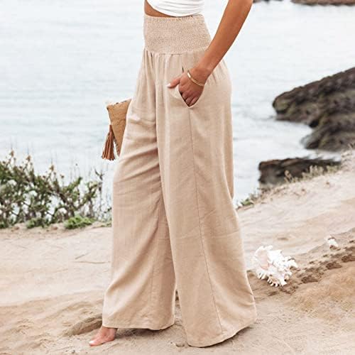 Уфоко жени памучни постелнина еластична висока половината широки панталони за нозе дневно обични лабави плажа палацо панталони