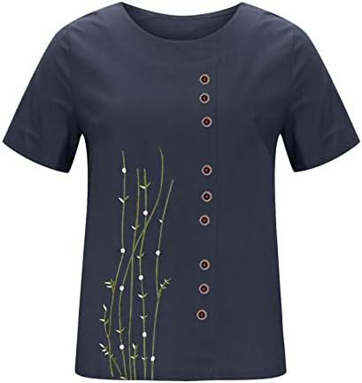 Женски кратки ракави маица 2023 летни кошули со памучни постелнина лабава вклопени печатени обични екипи на вратот на вратот, облечени