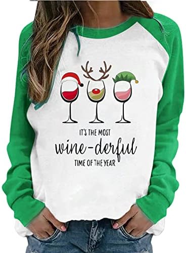 Womenените Божиќни маици со вино со вино, графичка бејзбол маица, смешно писмо со долг ракав, печатени маички врвови