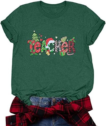 Божиќна наставничка кошула жени Среќна елка кратки ракави кошули Божиќни наставници Подарок за подарок карирано печатено мета