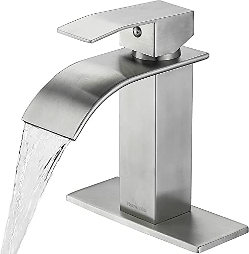Ривкунку бања тапа четкана никел модерен водопад Бања за мијалник за мијалник со единечна рачка погодна за 1 или 3 дупки, плоча за палуба и црево