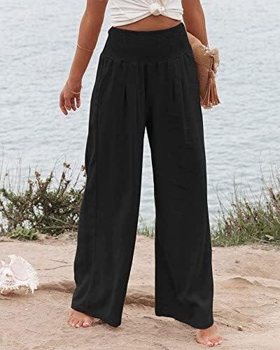 Женски памучни постелнини панталони еластични високи половини лабави широки нозе дневни јога панталони тунични панталони со џебови со џебови