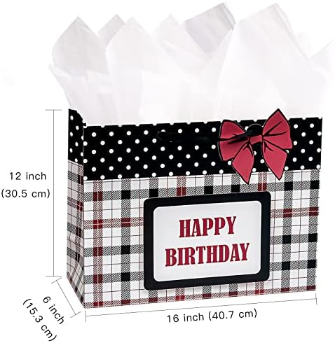 ЛЕЗАКАА торба за подароци за роденден со хартија за ткиво, ознака за подароци и картичка, 16 голема торба за подароци со среќен
