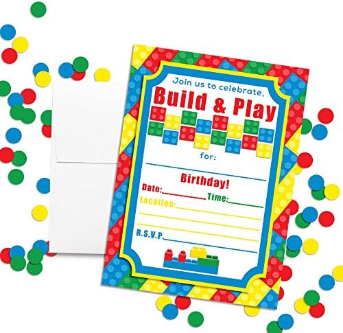 Градежни Блокови Покани За Роденденска Забава, 20 5 х7 Пополнете Картички Со Дваесет Бели Пликови Со Амандакреација