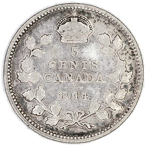 1914 Ca George V со „dei gra“ канадски км 22 сребро 5 центи многу добро