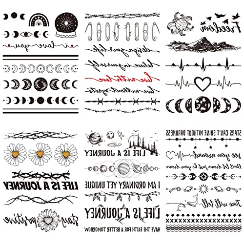 6 Листови Црни Привремени Лажни Тетоважи, За Вратот Рацете Раката Лицето Букви Зборови Темп Тетоважа Налепница За Мажи Жени, Простор Месечината