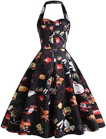 Божиќен гроздобер фустан жени 1950-ти рокебили замав фустан ретро хепберн стил запрена грда санта печати А-линија фустани