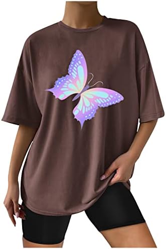 Кошули за жени, женски екипаж со кратки ракави со кратки ракави блуза лабава вклопени обични врвови од пеперутка графички симпатични блузи