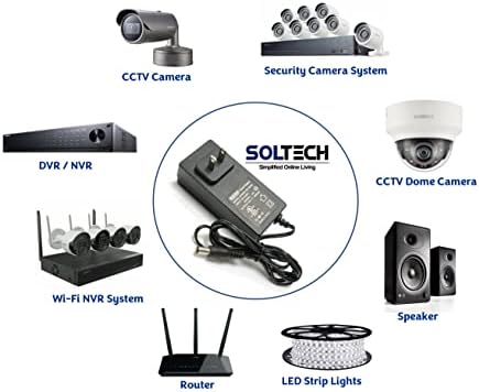 Soltech 12V 3A Напојување на електрична енергија за безбедност на камерата, адаптер за напојување со CCTV камера со кабел за продолжување