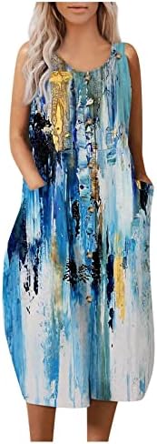 ДОПОК Фустани За Жени Летни Цветни Печатење Екипажот Вратот Ракави Прилагодливи Прашка Лен Фустан Со Џебови