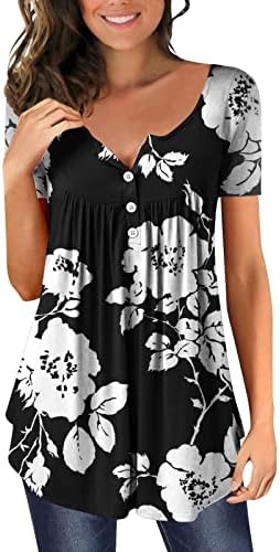 Туники за цветни печати за жени лабава вклопена во стомакот, криејќи ја маицата лето случајно копче за кратки ракави нагоре на