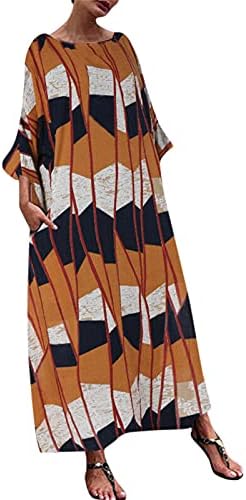 Лабава плус големина максичен фустан за жени ленти блокирање на боја печатено долги ракави, фустан за смена на вратот