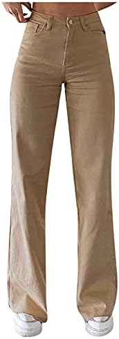 Женски случајни широки нозе лабава висока половината цврста боја трендовски тексас фармерки со џебови случајни баги салон панталони