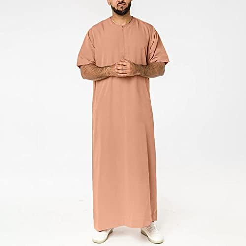 HDDK машки муслимански наметка Краток ракав Kaftan Thobe долга наметка патент јака обична кошула за плажа, лето