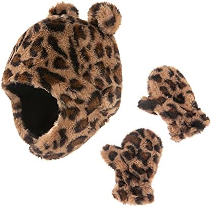 Детска бебе зимска гравчиња за ракави постави леопард печати кадифен мек череп капаче w/заштита од уво за уво и сет на белезници