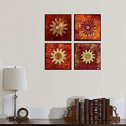 Гроздобер цвеќиња шема на платно печати wallидна уметност за спална соба 4 парчиња врамени уметнички дела Апстракт црвен сончоглед Слика