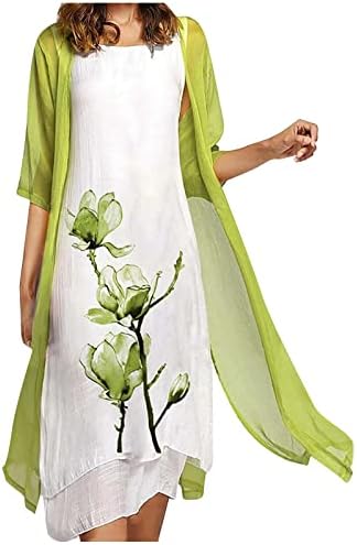 Фустан со краток ракав, женски обичен моден печатење O/вратот средна долга должина со две парчиња сет фустан