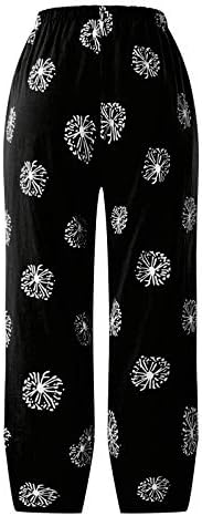Wocенски женски глуварче печатени летни панталони, еластични панталони со широки нозе, обични панталони со дното на дното на панталоните
