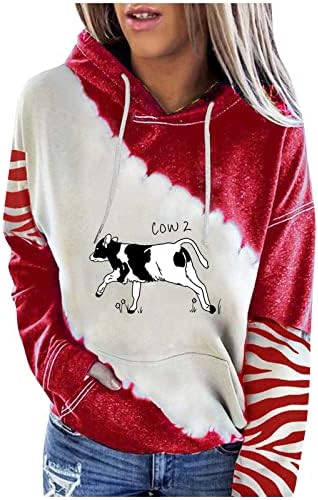 Дуксери за крави дуксери, жени слатки кошули за печатење крави, крпеница со долги ракави врвови, случајни влезови пуловер Туника блуза