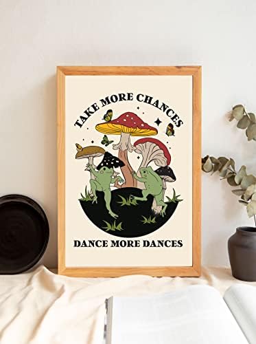 Смешна танцувачка жаба печурка ретро постер за декор во соба естетски гроздобер, искористете повеќе шанси танцување повеќе танци забава бања декор, инспиративни ц