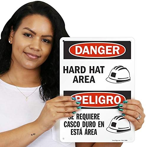 SmartSign-S-2115-PL-14 Опасност-област на тврда капа Двојазичен знак | 10 x 14 пластика