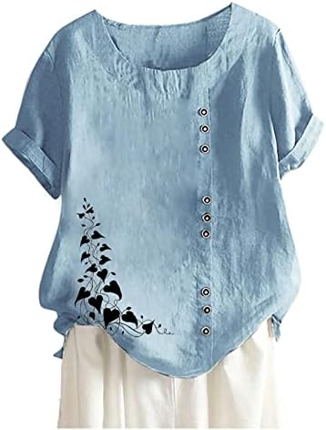 Womenените летни памучни постелнина маица лабава обична екипаж со кратки ракави за печатење кошули со кошули удобни врвови за дишење