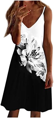 Плус фустан со големина, фустани за жени случајни летни цветни печатени резервоари без ракави фустан, шуплив од лабава плажа кратка