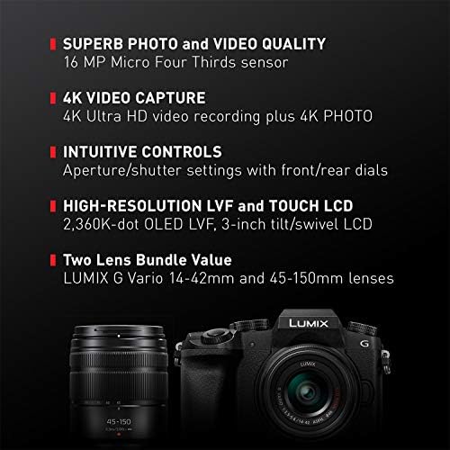 Panasonic Lumix G7 4k Дигитални Огледало Камера Пакет Со Lumix G Варио 14-42mm и 45-150mm Леќи, 16MP, 3-Инчен Допир LCD, DMC-G7WK