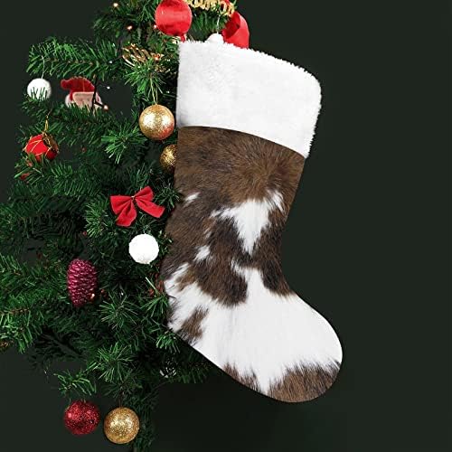 Cowhide Print Christmas Chodsing чорапи со кадифен камин што виси за Божиќно дрво