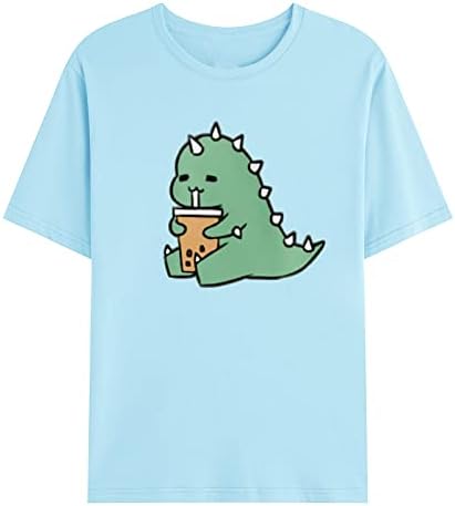 Машка маица обична летна кратка ракав тркала за вратот, симпатична зелена диносаурусна печатење маица блузи врвови