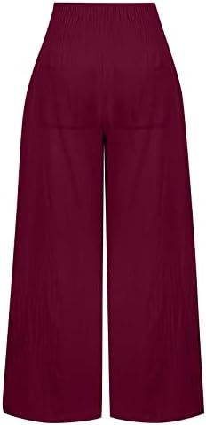 Женски памучни постелнини панталони широки нозе обични летни цврсти панталони со ширина на нозе со џебови замотани со високи половини панталони