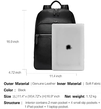 Бостантен мажи кожа ранец 15,6 инчен лаптоп ранец за патувања на колеџ, црна црна боја