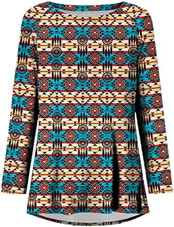 Женски западни кошули гроздобер етнички стил геометриски принт со долг ракав Ацтек Туника врвови паѓаат обични облечени блузи