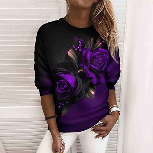 Nokmopo Sweetshirt for Womenенски моден моден случај со долг ракав печати тркалезен врат пулвер џемперки врвна блуза