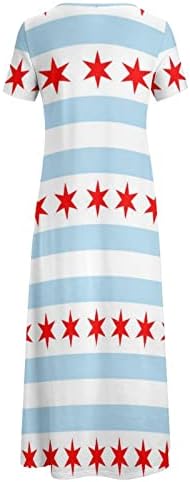 Знаме На Чикаго Женски Краток Ракав Кружен Врат Долги Макси Фустани Печатени Лето