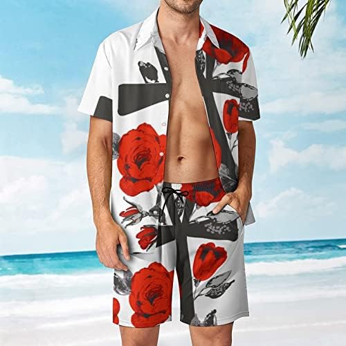 Анх и црвени рози машка облека од 2 парчиња плажа на Хавајски копче надолу со кошула со кратки ракави и шорцеви костуми