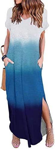 Women'sенски летен фустан од 2023 година лабава кратка ракав екипаж вратот шарен печатење поделен долг фустан плажа макси фустан со џеб