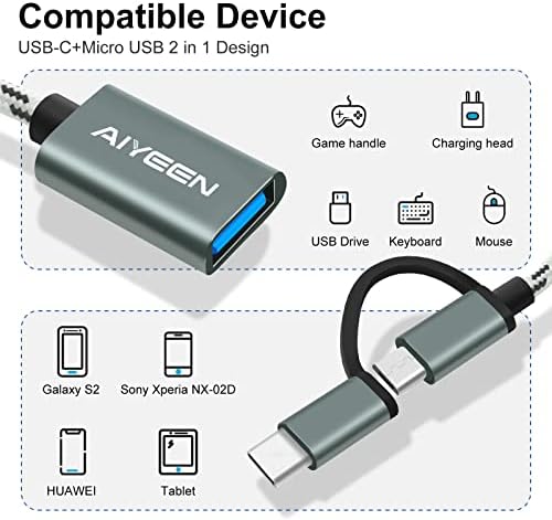 Aiyeen 2-во-1 USB C/Micro to USB адаптер, USB C до USB 3.0, USB до Android OTG адаптер кабел компатибилен со MacBook Pro Android