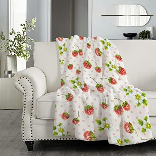 Јагода од цветно ќебе пријатно мека лесна фланела фрли ќебе за кревет софа за патување цела сезона тинејџер 50 x 60