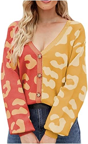 Womenените леопард печати пријатна џемпер со долг ракав отворен предни кардиганци обичен лабав мек плетен џемпер кардиган надворешна