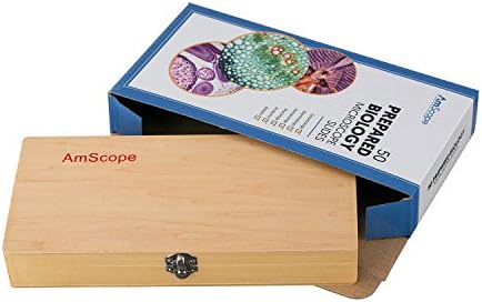 Amscope PS50 Подготвен микроскоп слајд поставен за основно образование за биолошка наука, 50 слајдови, вклучува вграден дрвен случај