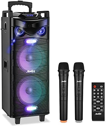 Moukey Karaoke Machine, PA System Double Woofer за забава, преносен Bluetooth звучник w/2 безжичен микрофон, диско -светла и прилагодување