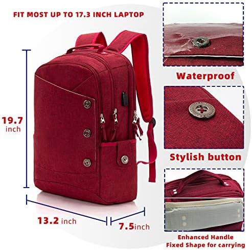 Ранец на лаптоп Kingslong за жени мажи се вклопуваат во 17 -инчен тетратка отпорна на вода ранец со USB полнење на порта за полнење црвена