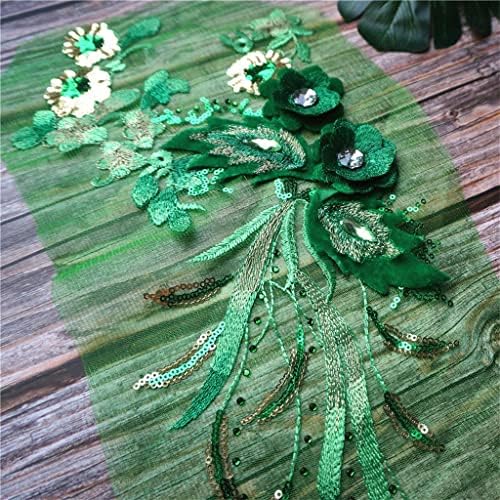 Hldeth зелени секвенци 3Д цвеќиња Тасели чипка тримки Rhinestone Mesh Sew на закрпи Везење за свадбени апликации DIY